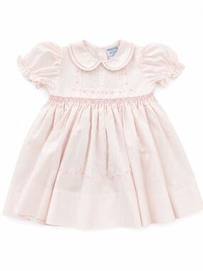 Vintage Friedknit Creations Pink Smocked Dress 9M Peter Pan Collar Embroidered